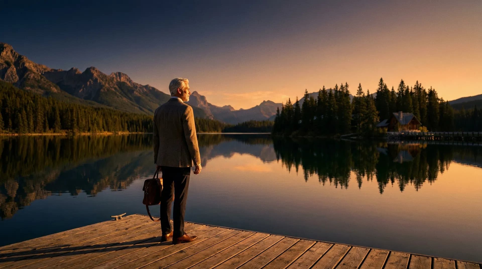 Business executive overlooking a northern lake at sunset